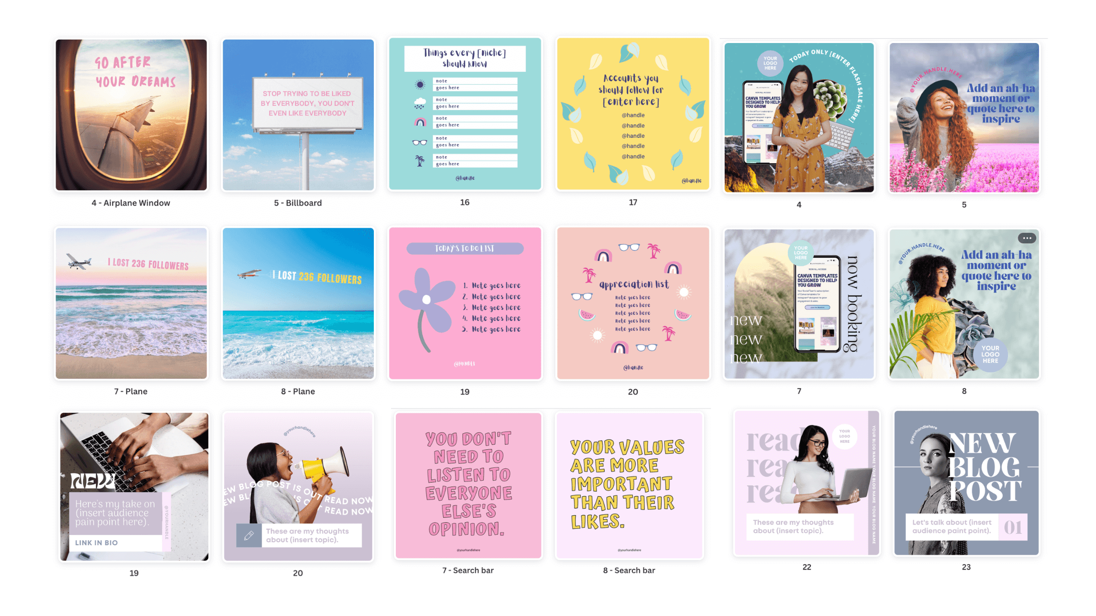 Screenshot of some of the your template club canva graphics.
