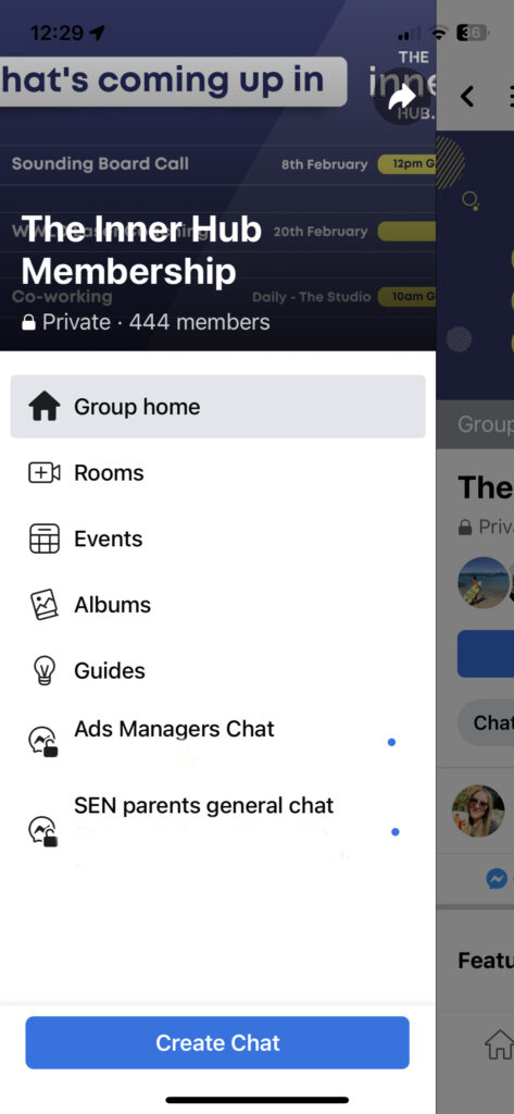 Screenshot of the Facebook group chats menu