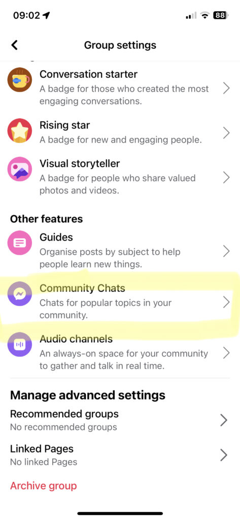 screenshot showing how to set up a community chat