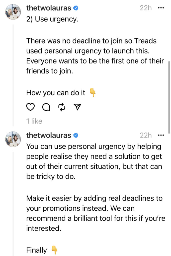  You can use personal urgency by helping people realise they need a solution to get out of their current situation, but that can be tricky to do. 

Make it easier by adding real deadlines to your promotions instead. We can recommend a brilliant tool for this if you’re interested. 

Finally 👇