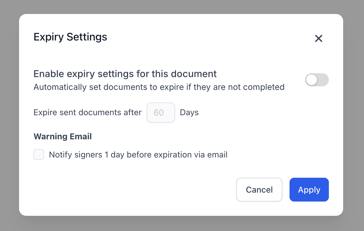 Screenshot of the expiry settings on a Hubsy document Screenshot of the expiry settings on a Hubsy document