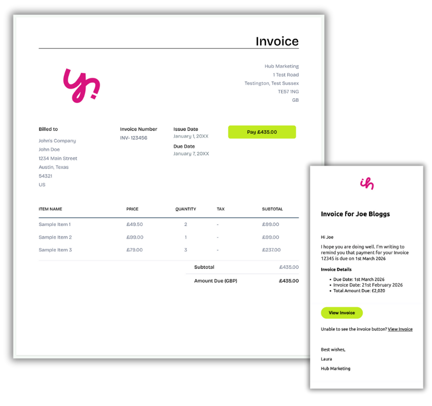 Hubsy invoice and payment reminder emails