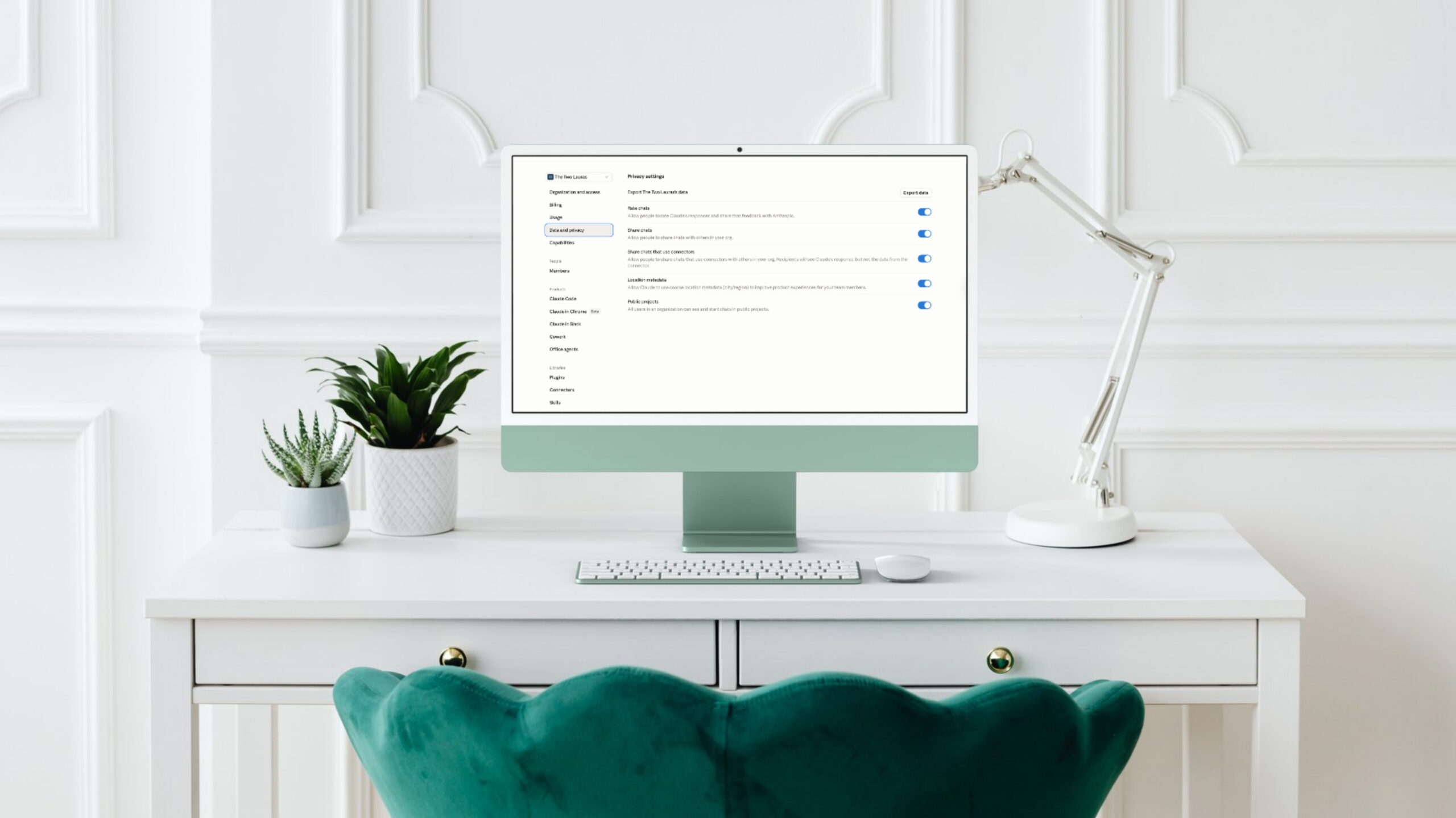Freelance social media manager checking AI privacy settings to safely use AI with client data