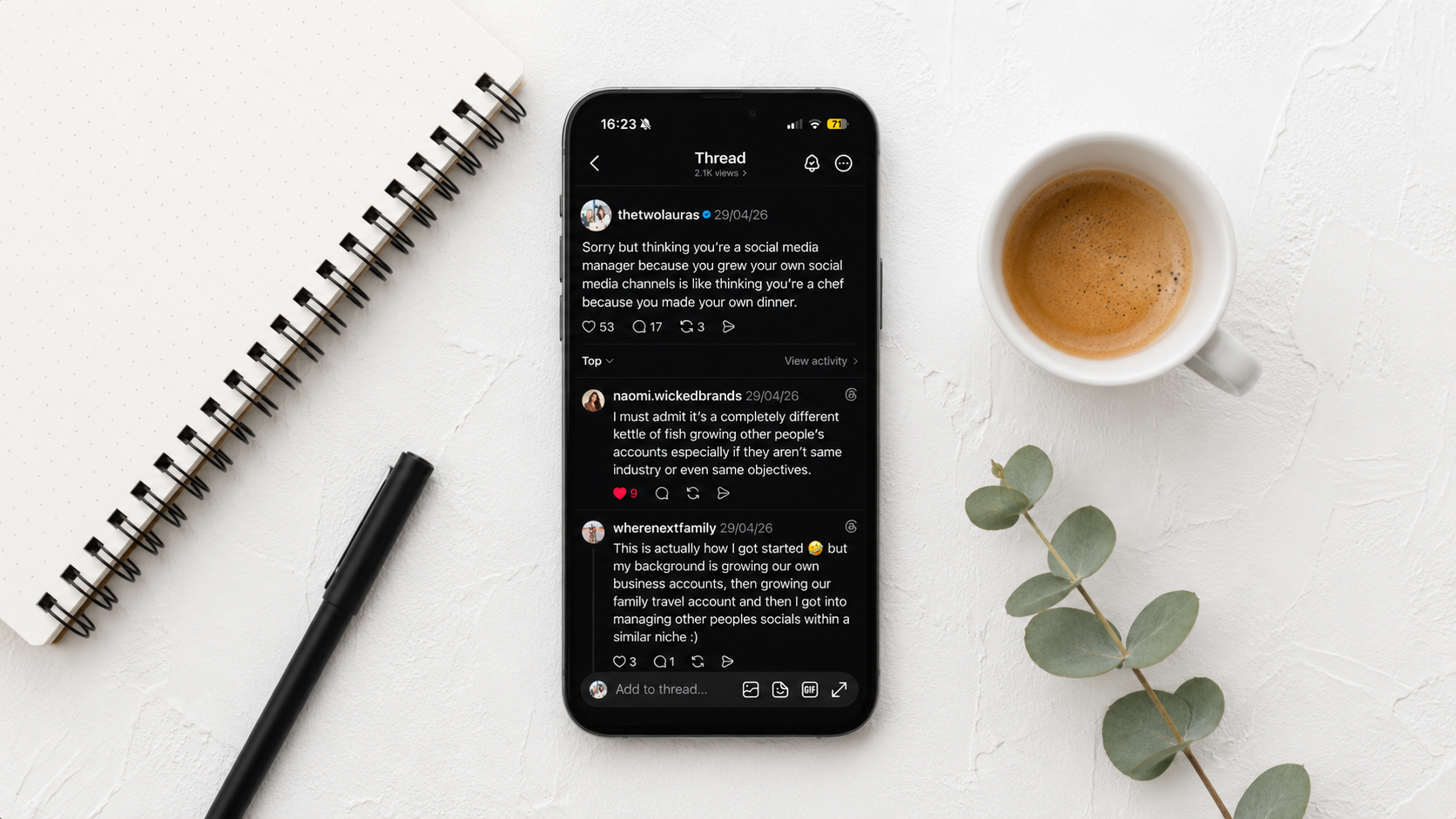 Threads app feed showing high-engagement social media posts for brands in 2026